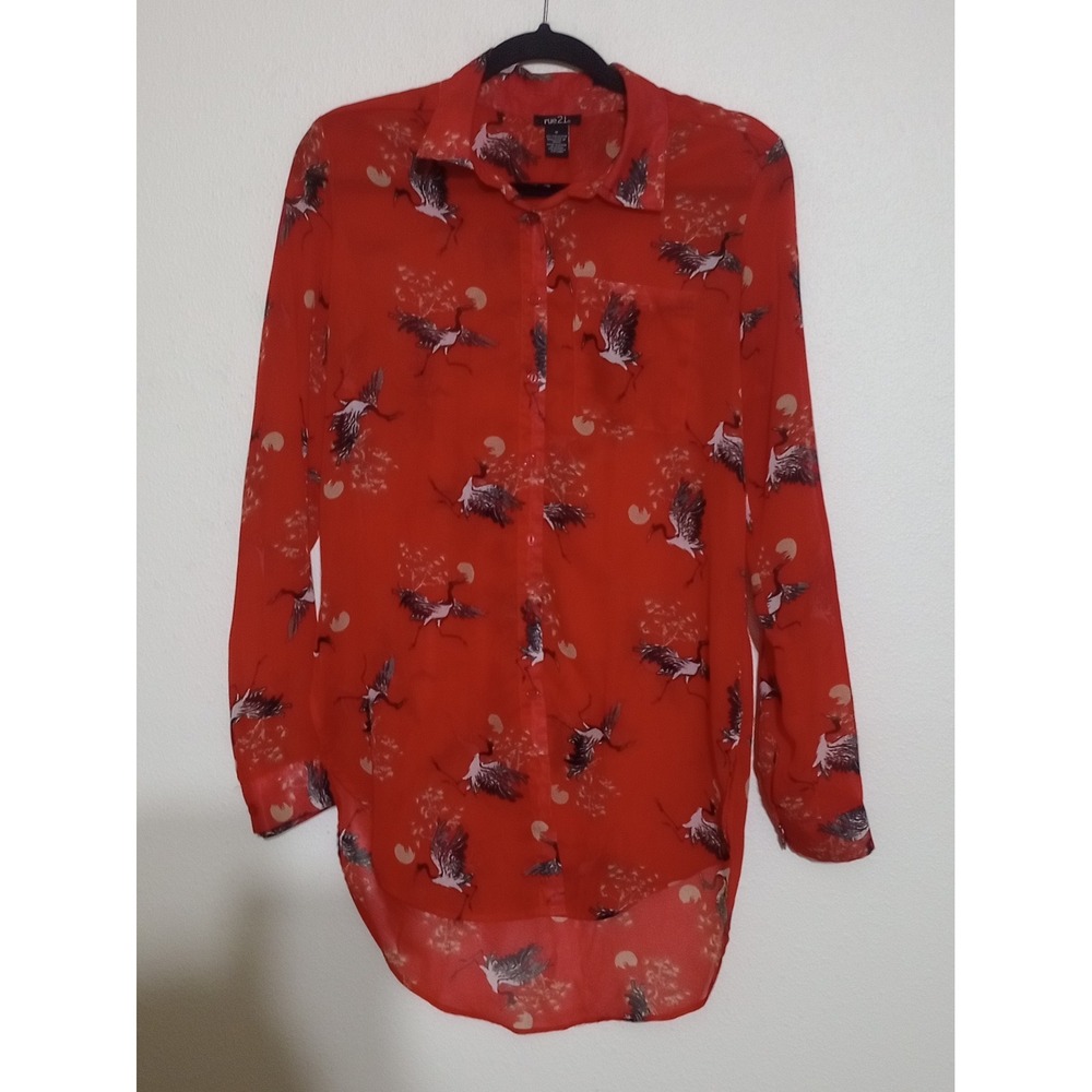 rue21 Womens Red Crane Moon Print Chiffon High Low Button Up Shirt Size M
